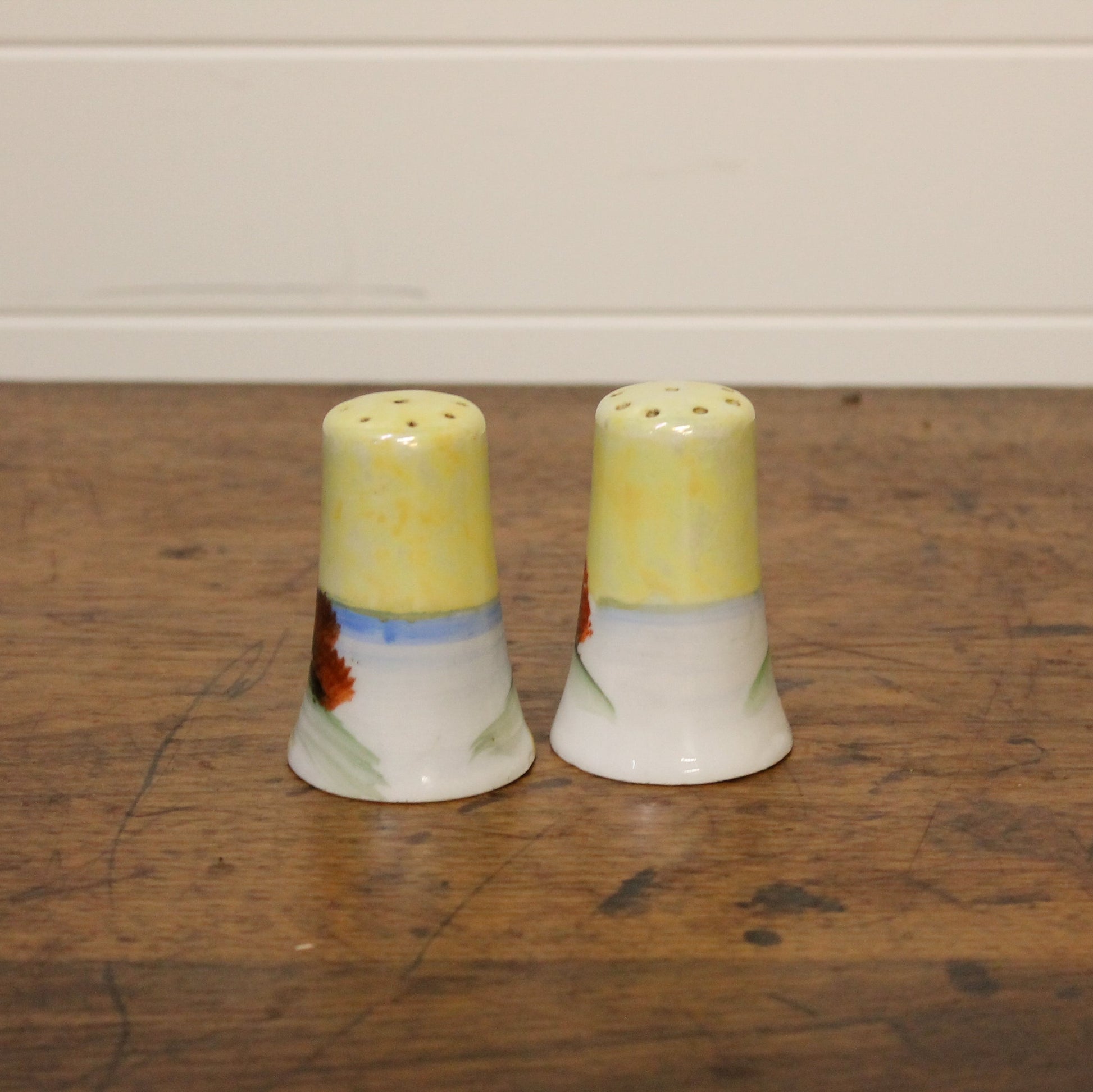 Two ceramic salt and pepper shakers with colorful designs on a wooden surface.