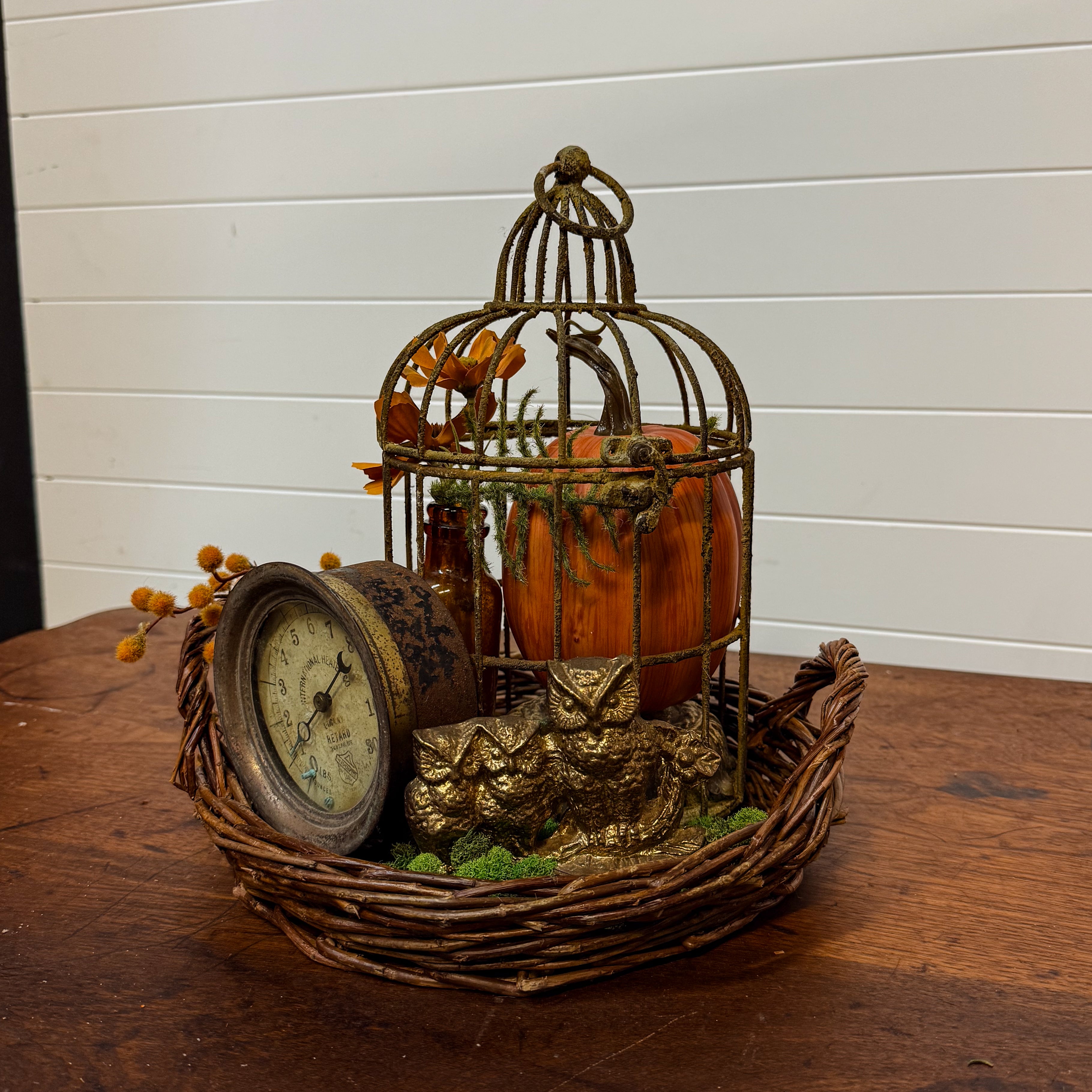 Decorative arrangement with a birdcage, pumpkin, and clock on a wooden surface.