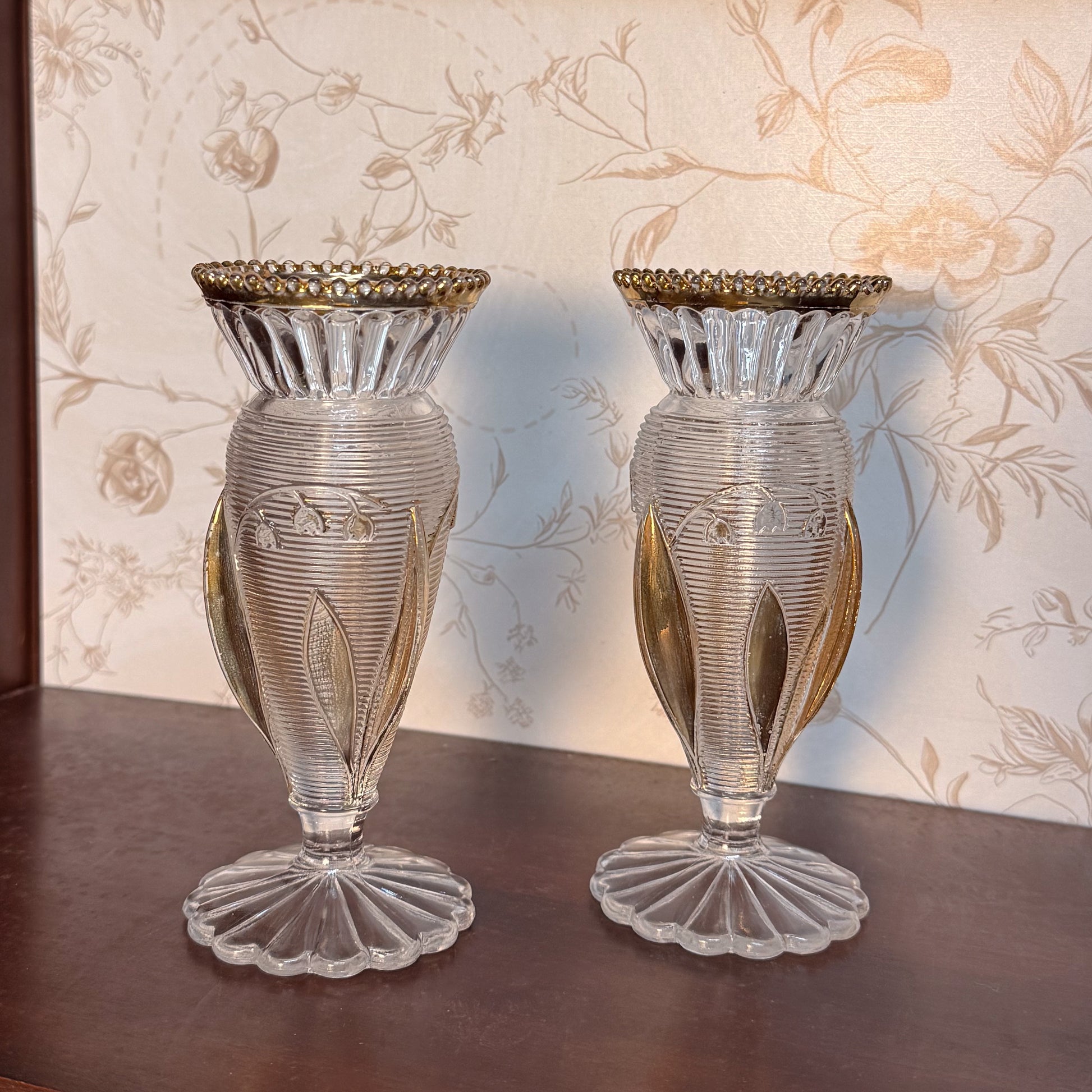 EAPG Gold Gilt Lily Vase United States Glass Company Set