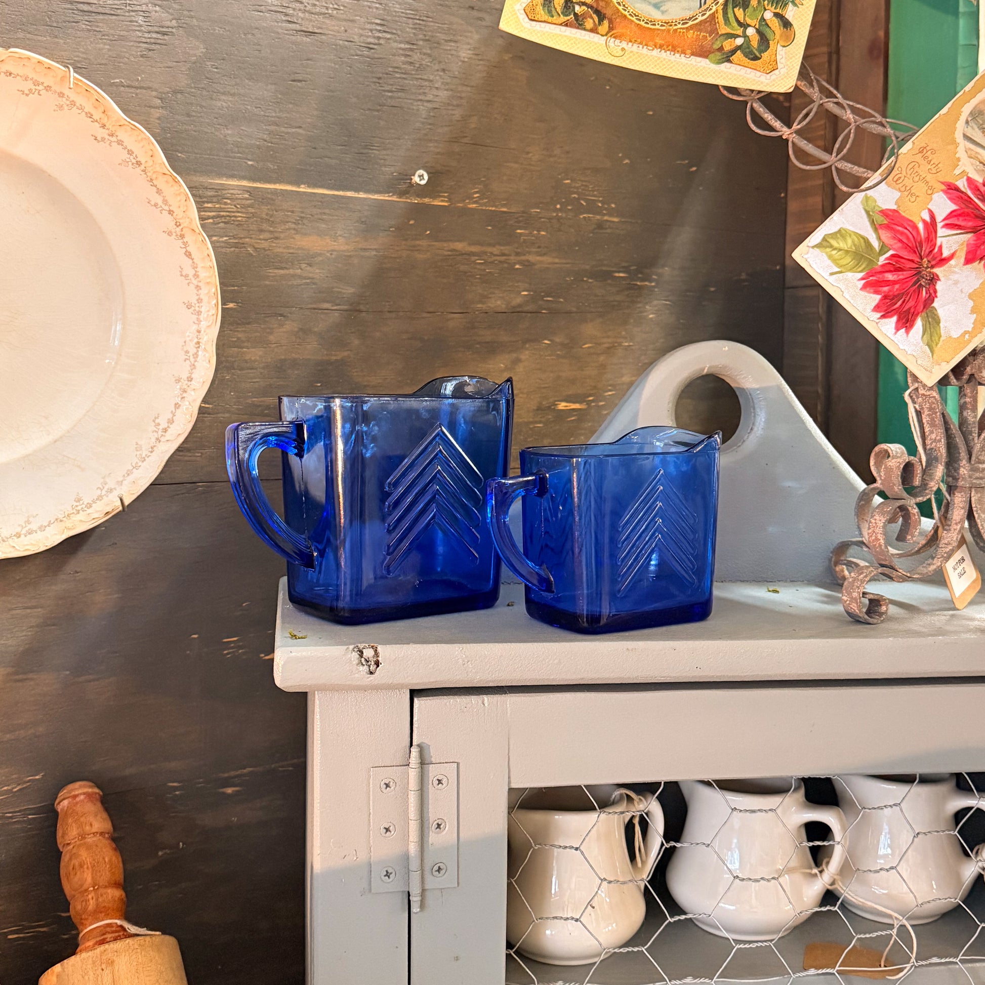 Vintage Hazel Atlas "Ritz Blue" Chevron Pattern Depression Glass Milk & Cream Pitchers