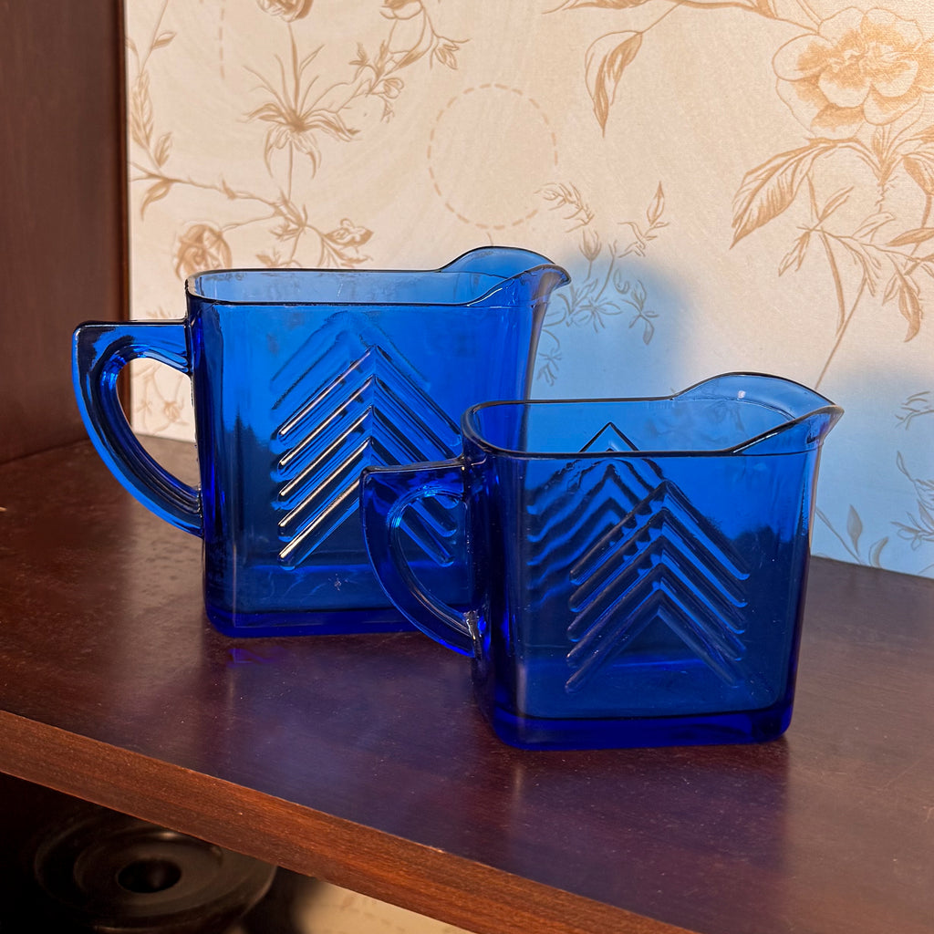 Vintage Hazel Atlas "Ritz Blue" Chevron Pattern Depression Glass Milk & Cream Pitchers
