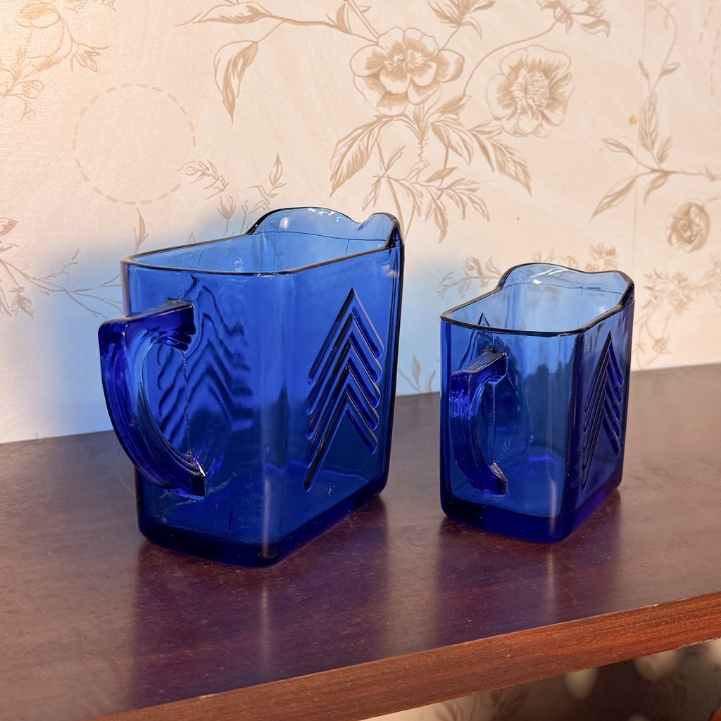 Vintage Hazel Atlas "Ritz Blue" Chevron Pattern Depression Glass Milk & Cream Pitchers