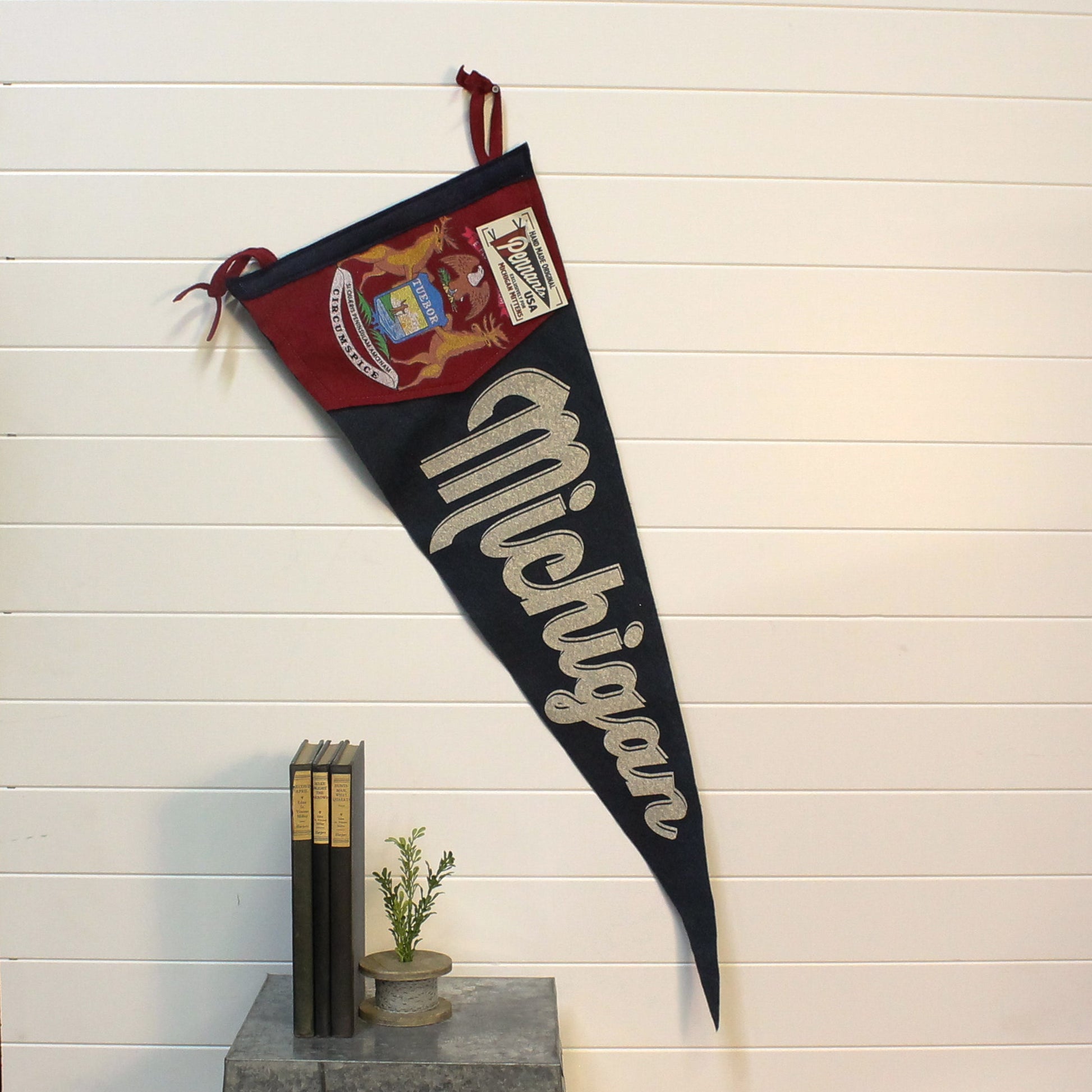 Vintage-style 'Michigan' pennant hanging on a white wall.