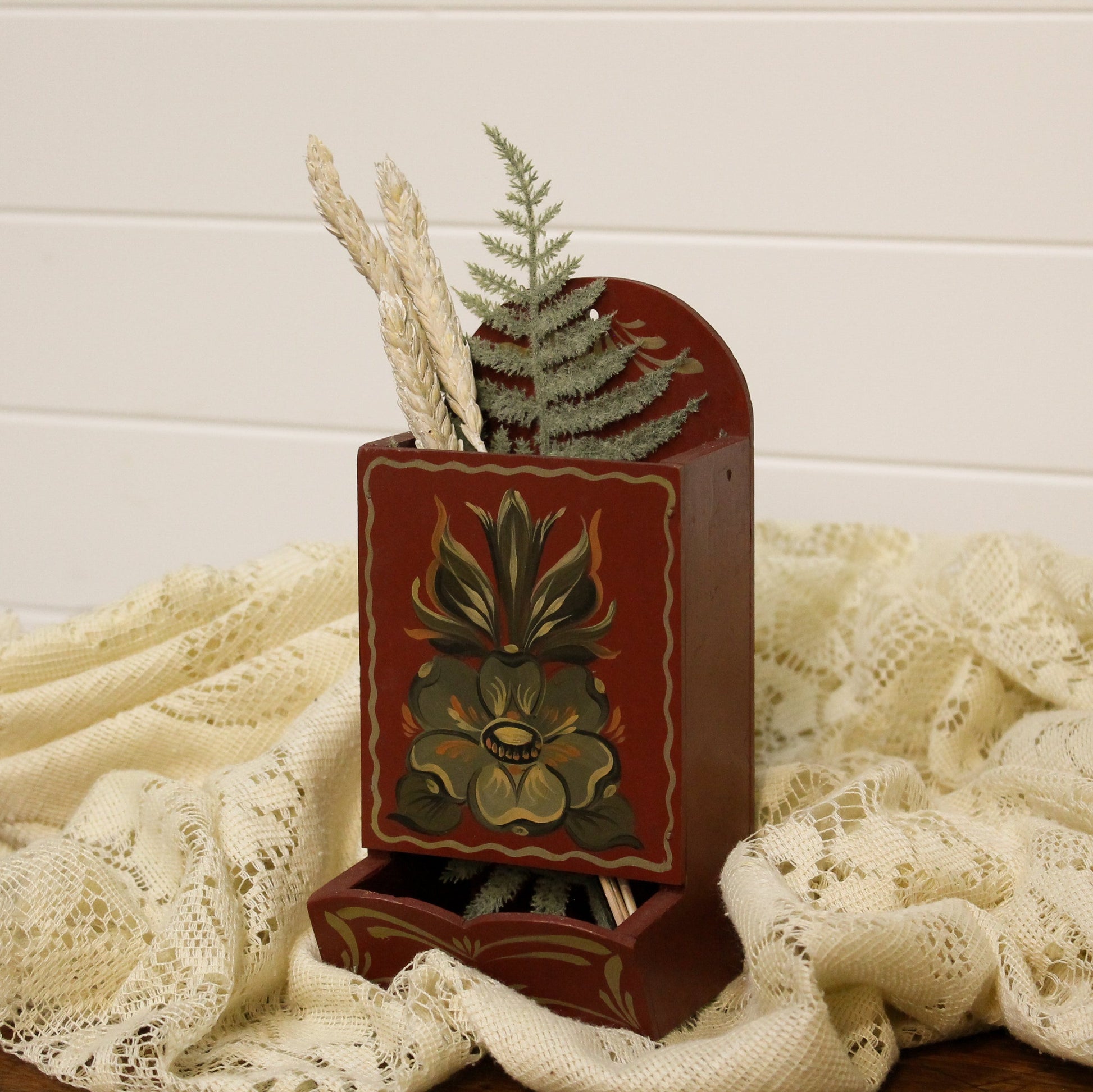 1971 Folk Art Wood Wall Matchbox Holder Changing Thymes of West Michigan